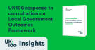 White report cover mockup on green background showing UK100's submission to the Local Government Outcomes Framework: Call for feedback, with the UK100 logo