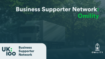 A promotional banner featuring the Business Supporter Network heading in white text overlaid on a dark, blurred background image of a lorry on a tree-lined road. The banner includes two logos: the UK100 Business Supporter Network logo on the left, showing 'UK:100' in a modern design, and the Omility logo on the right, depicting a stylised figure or plant-like symbol in white. The word 'Omility' appears in bright green in the top right corner of the banner. The overall colour scheme's dark blue-green in tone