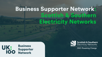 UK100 Business Supporter Network banner featuring Scottish & Southern Electricity Networks logo with rural landscape showing electricity pylons and power lines