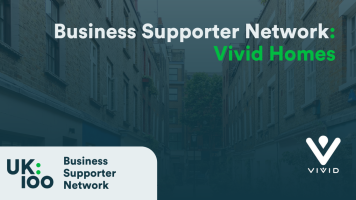 UK100 Business Supporter Network promotional graphic featuring Vivid Homes. The image shows a narrow street lined with traditional brick townhouses overlaid with a dark teal filter. The UK100 Business Supporter Network logo appears in the bottom left corner, with the Vivid Homes logo in the bottom right.Retry
