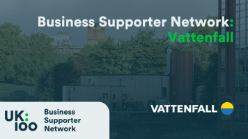 UK100 Business Supporter Network banner featuring Vattenfall logo against a background featuring Vattenfall's Castle Park Energy Centre in Bristol