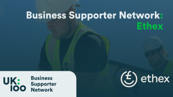 "Business Supporter Network Ethex - UK100 partnership announcement featuring professional handshake with Ethex and UK100 logos promoting business networking and support initiatives