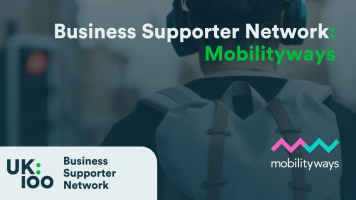 Business Supporter Network and Mobilityways partnership announcement featuring UK100 logo with professional business meeting background in teal overlay