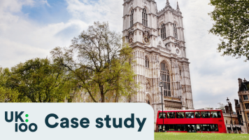 UK100 Knowledge Hub header with an image of Parliament Square looking towards Westminster Abbey.