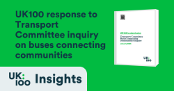 UK100's bus connectivity inquiry response cover image with green background, showing UK100 logo and 3D mockup of white report cover with Parliament portcullis symbol