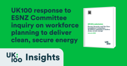 White report cover mockup on green background showing UK100's submission to the Energy Security and Net Zero Committee inquiry on workforce planning, featuring UK100 logo and Parliament portcullis symbol