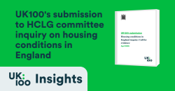 White report cover mockup on green background showing UK100's response to the Housing Conditions in England inquiry