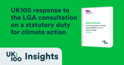 Green cover of UK100's submission document titled "Local government and legal responsibilities to act on climate change" with UK100 logo and "July 2025" publication date