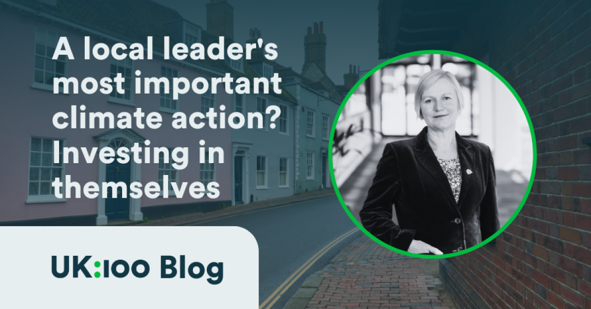 A graphic with a picture of Lewes Cllr Emily O'Brien reads "A local leader's most important climate action? Investing in themselves"