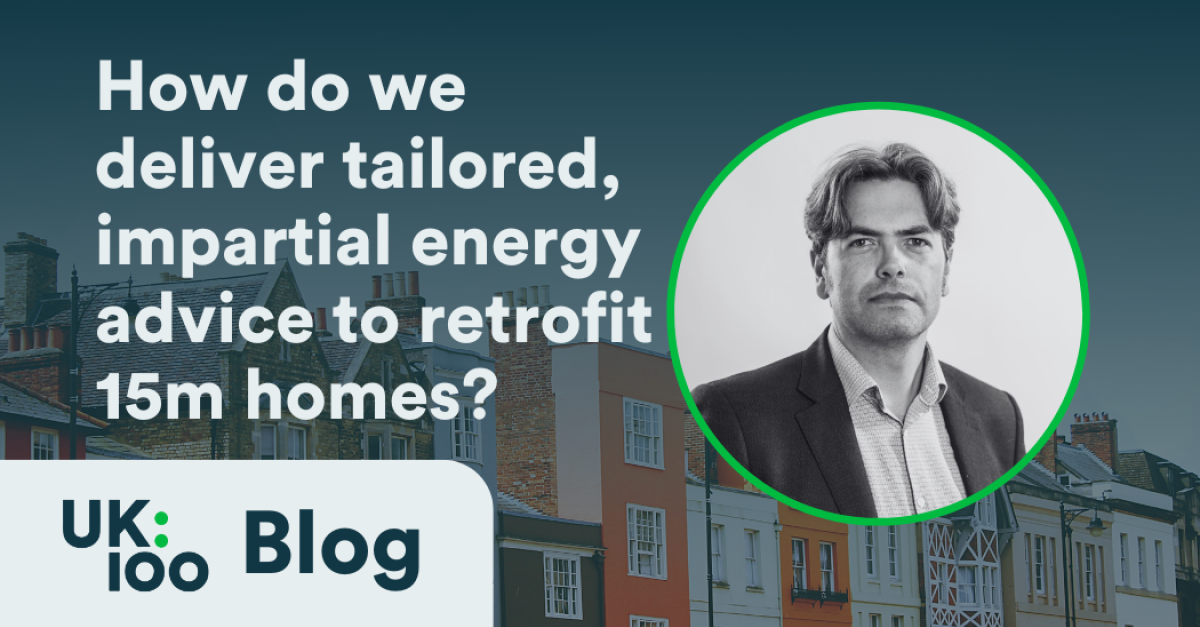 UK100 Blog header image including blog title and image of Stew Horne from Energy Saving Trust, with a tradtional British streetscape in background