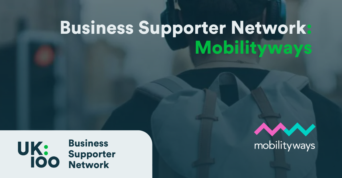 Business Supporter Network and Mobilityways partnership announcement featuring UK100 logo with professional business meeting background in teal overlay