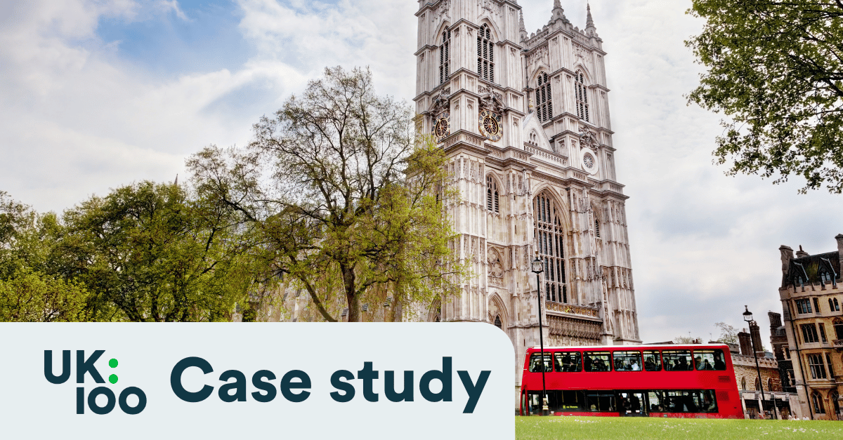 UK100 Knowledge Hub header with an image of Parliament Square looking towards Westminster Abbey.
